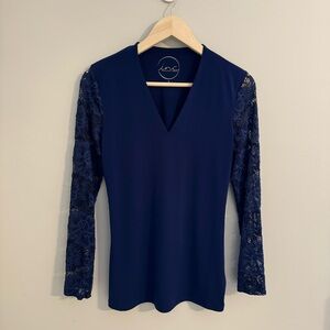 INC International Concepts VNeck Floral Lace Long Sleeve Top Navy Blue Women’s M